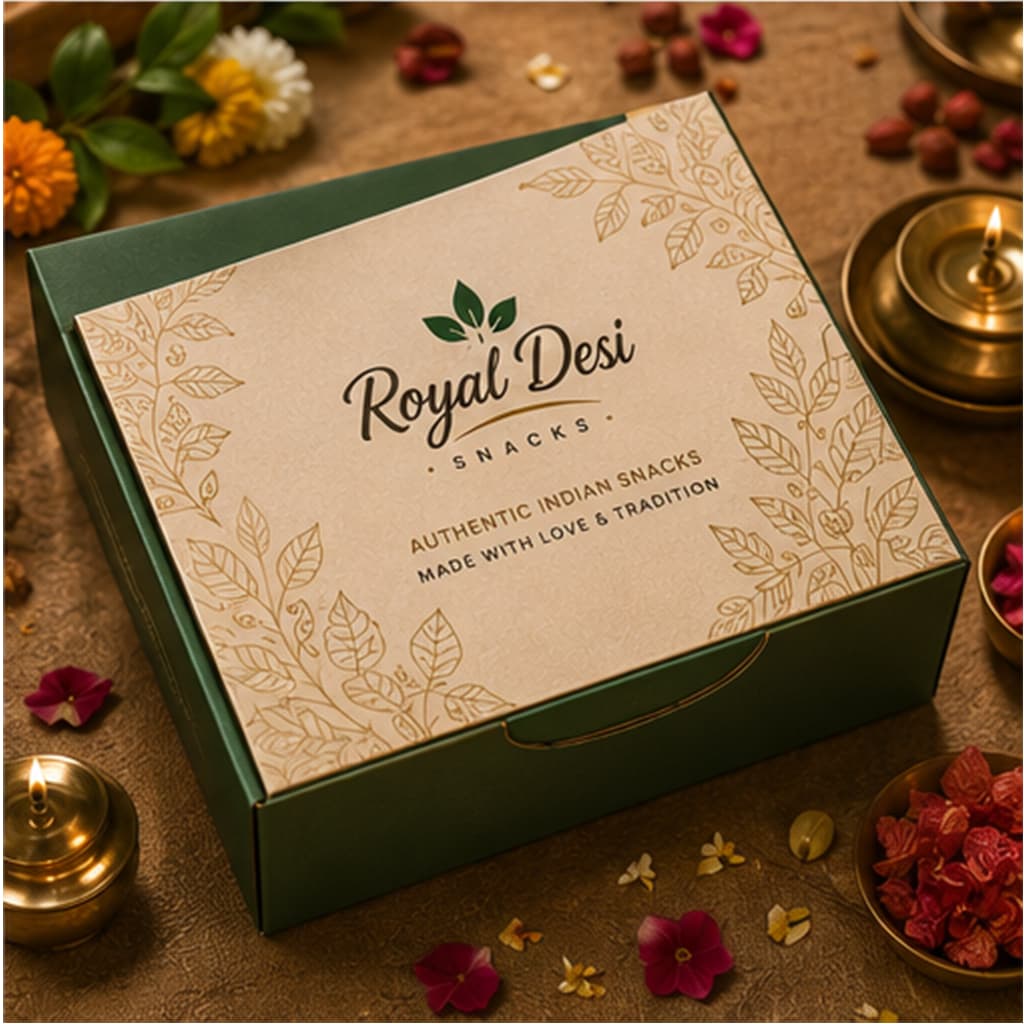 The green and gold Royal Desi festive gift box, styled with lit brass diyas, marigolds and bowls of dry fruit
