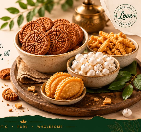 All four Royal Desi snacks arranged in ceramic bowls on a wooden serving board