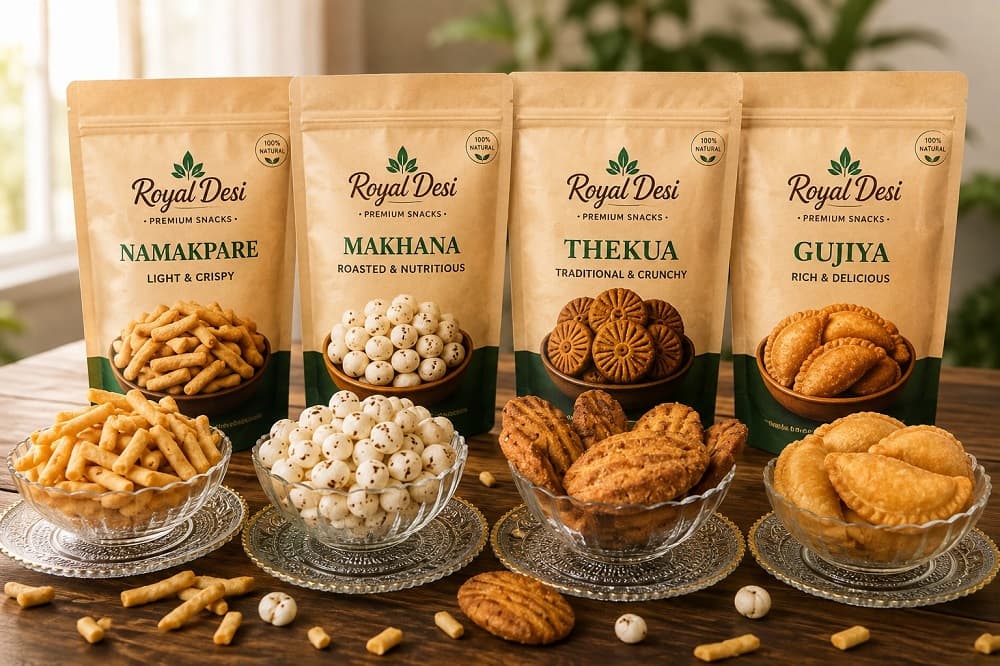 All four Royal Desi snacks — Namakpare, Makhana, Thekua and Gujiya — in pouches behind glass bowls of each, on a wooden table