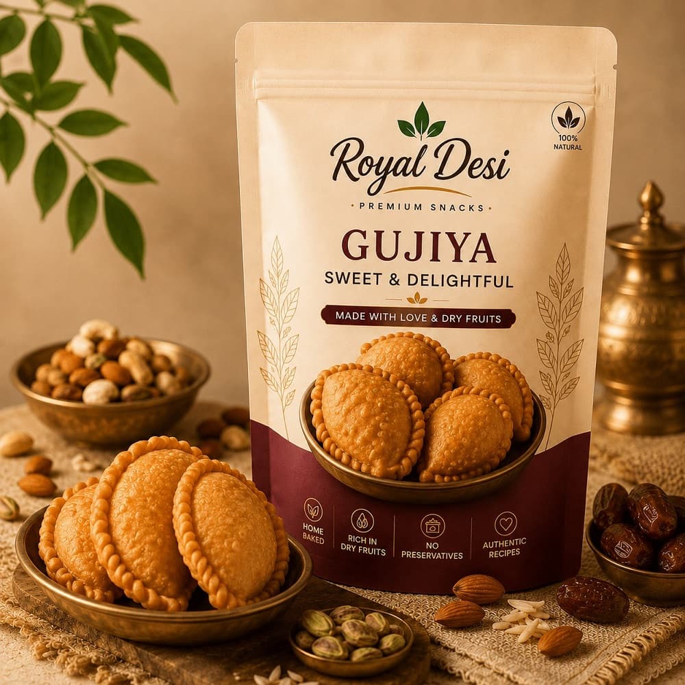 The Royal Desi Gujiya pouch surrounded by almonds, pistachios and dates — view on Instagram (opens in a new tab)