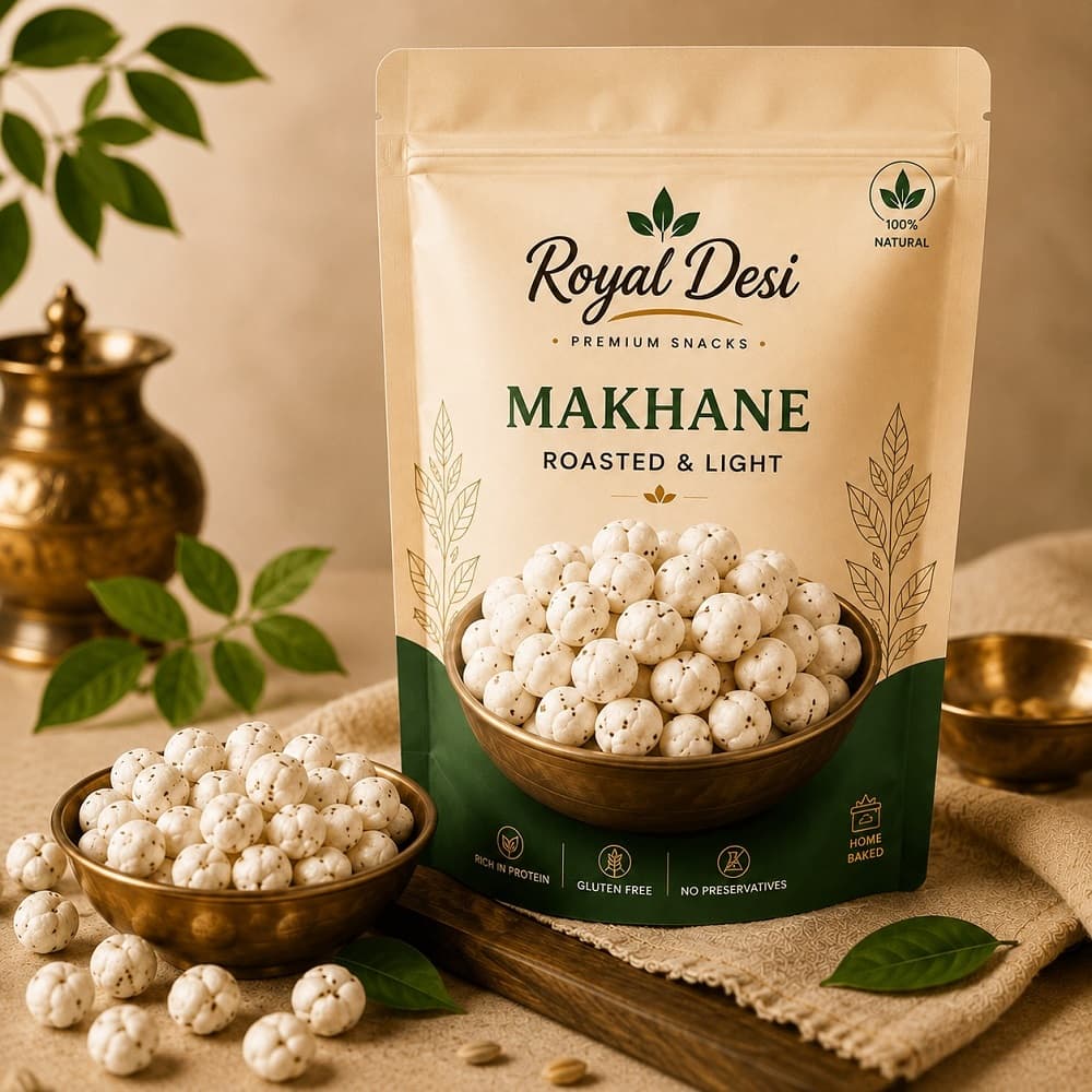 The Royal Desi Makhane pouch beside bowls of roasted fox nuts — view on Instagram (opens in a new tab)
