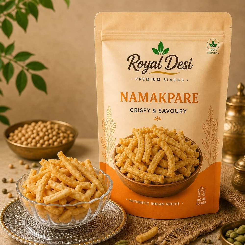 The Royal Desi Namakpare pouch with bowls of crisp savoury sticks — view on Instagram (opens in a new tab)