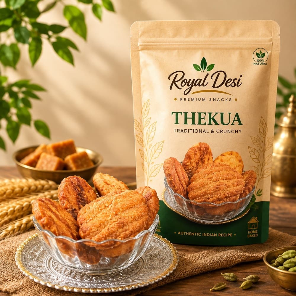 A pouch of Royal Desi Thekua beside a brass bowl of jaggery and wheat sheaves — view on Instagram (opens in a new tab)