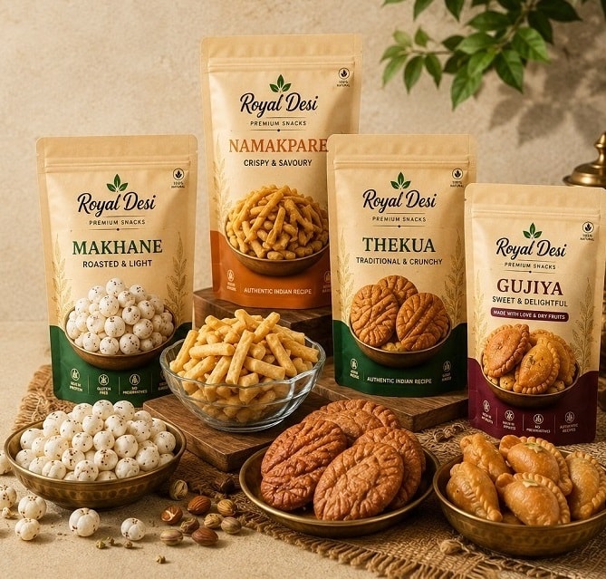 The Royal Desi range — Makhane, Namakpare, Thekua and Gujiya pouches behind brass and glass bowls of roasted makhana, crisp namakpare, thekua biscuits and gujiya, with a brass lantern, a potted plant and a cup of chai alongside